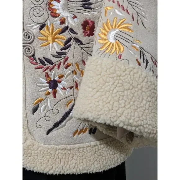 M Panache Beige Faux Suede Floral Embroidered Jacket with Toggle Buttons Medium - Picture 4 of 9